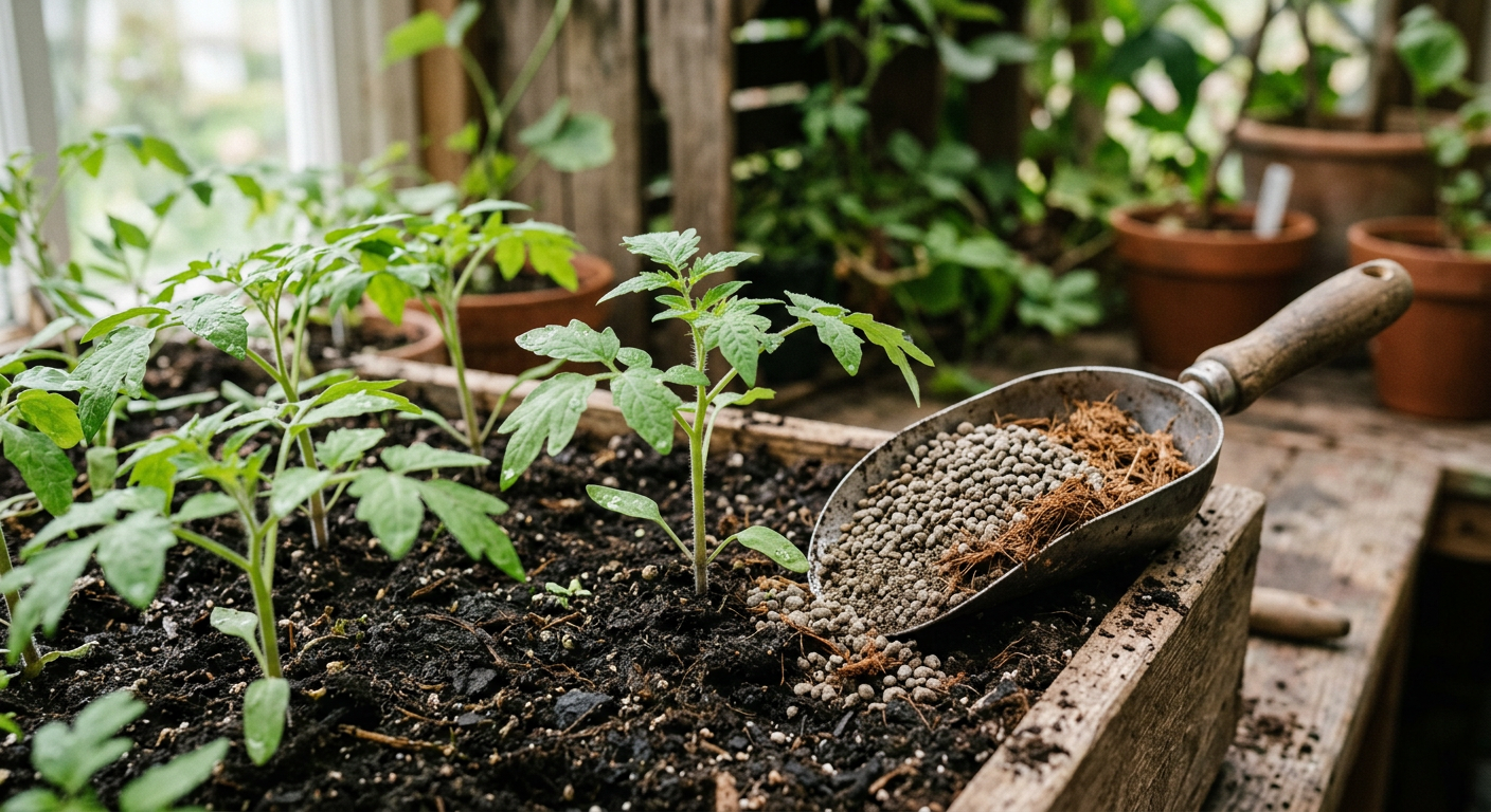 Seedlings growing in soil next to granular fertilizer