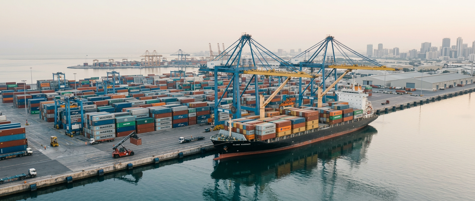 Cargo port with stacked shipping containers at morning light