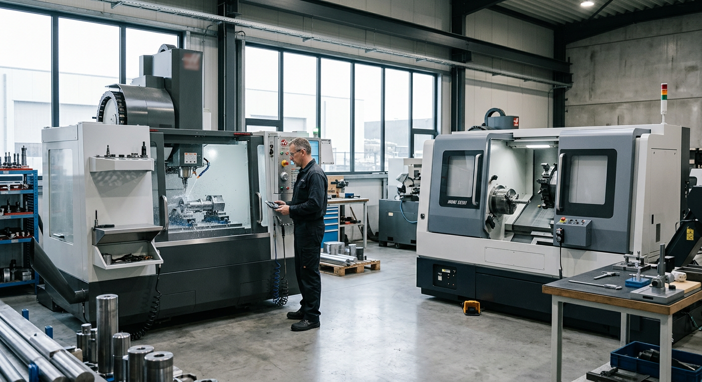 CNC milling machine and lathe in a bright workshop