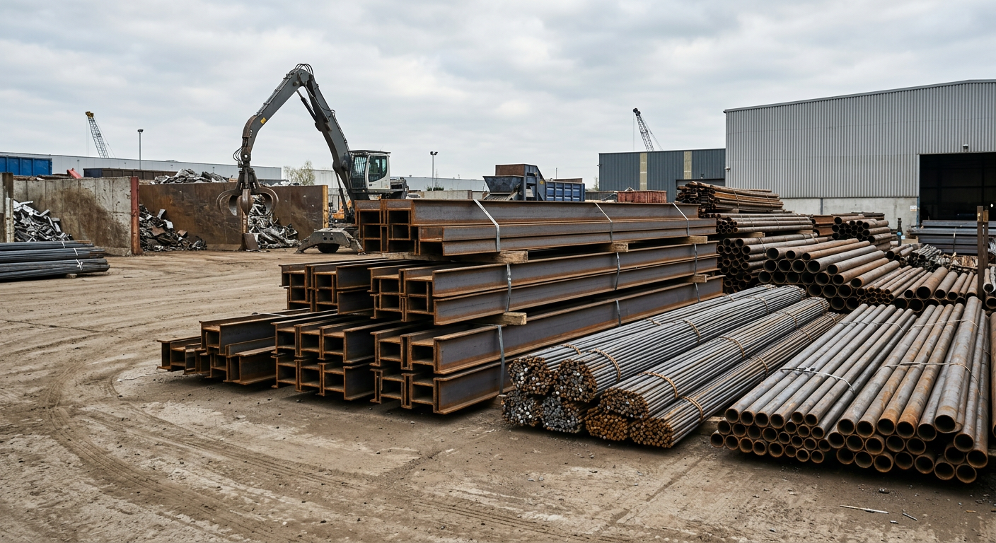 Bundled steel beams, rebar and pipes in a metal yard